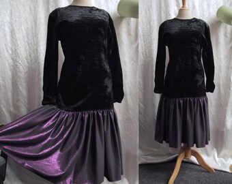 Black Velvet and Purple Taffeta 1980s Longsleeve Party Dress with Drop Waist | RADAR