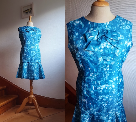 Handmade 1960s Blue Mini Dress with a Dropped Wai… - image 1