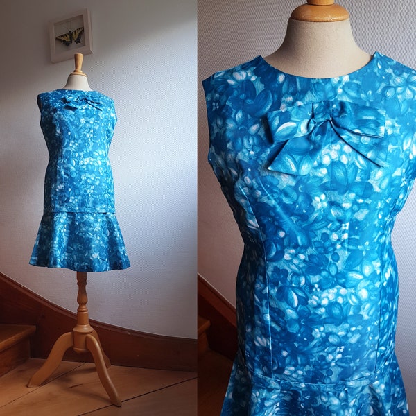 Handmade 1960s Blue Mini Dress with a Dropped Waist, Bow and Floral Allover Print