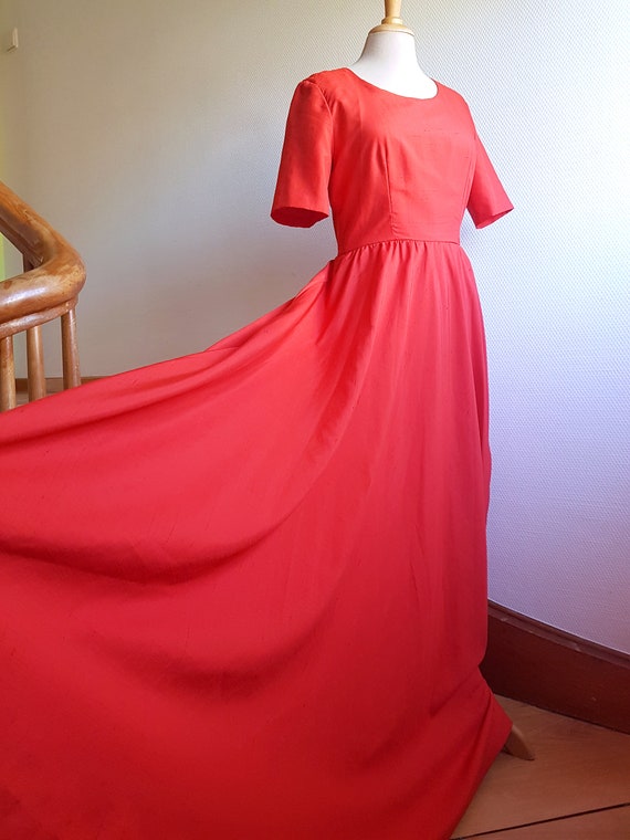 Red Handmade 1970s Short Sleeve Maxi Dress with a… - image 4