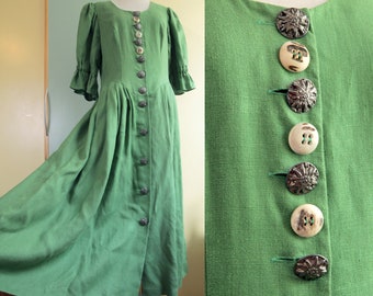Shamrock Green 1980s Austrian Cottagecore Midi Day Dress with Puffed Sleeves and Chunky Edelweiss Buttons | Feelings