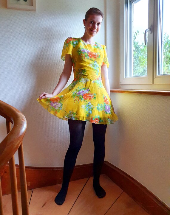 Bright Yellow 1970s Mini Dress with Flutter Sleev… - image 7