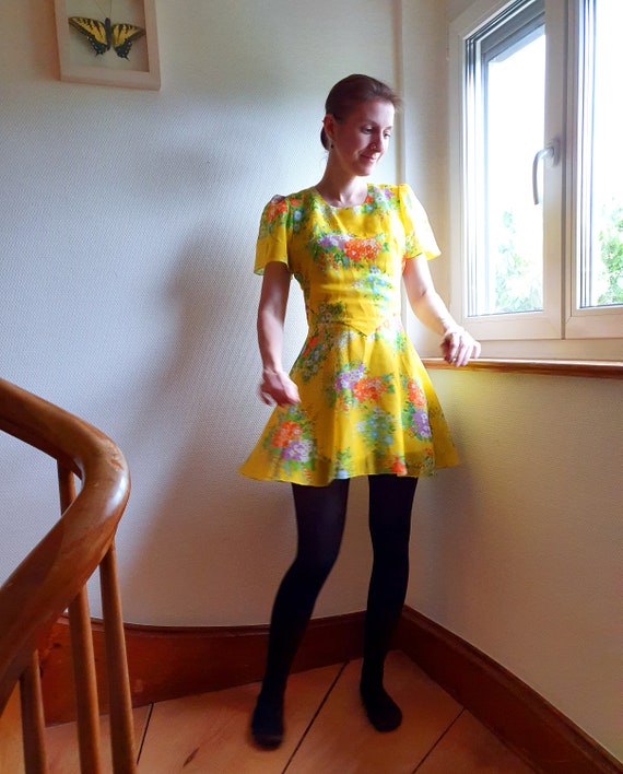 Bright Yellow 1970s Mini Dress with Flutter Sleev… - image 10