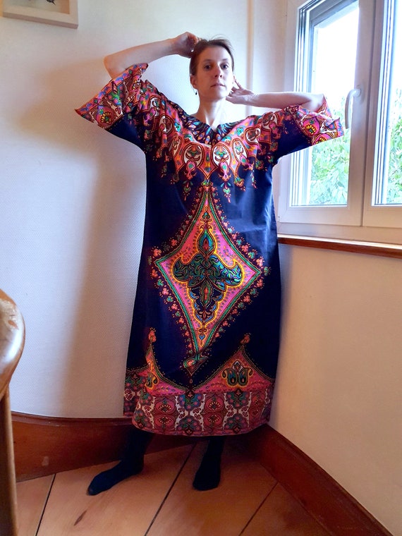 Incredible 1970s Cotton Kaftan Dress with Large Fo
