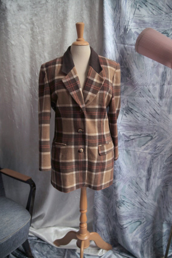 Brown Tartan 1970s Fitted Winter Wool Jacket | JC… - image 8