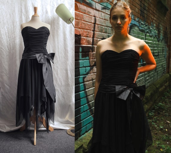 Strapless Black 1980s Midi Party Dress With Sweetheart Neckline, Rouched  Bodice, Handkerchief Skirt and Large Bow Jahn & Pill Collection 
