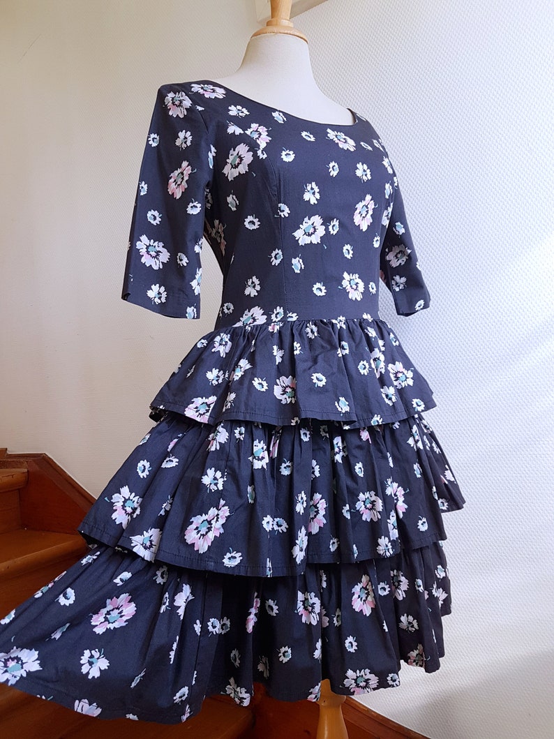 Charcoal Grey Floral 1980s Laura Ashley Midi Dress with Tiered Ruffeled Skirt