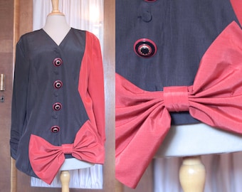 Black and Red 1980s Colour Block Long Sleeve Evening Blouse or Blazer with Giant Bow and Chunky Buttons | Ronnetta
