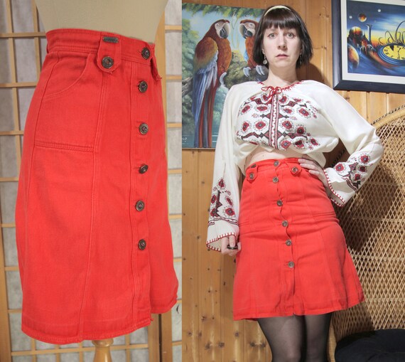 High waisted red denim skirt outlet