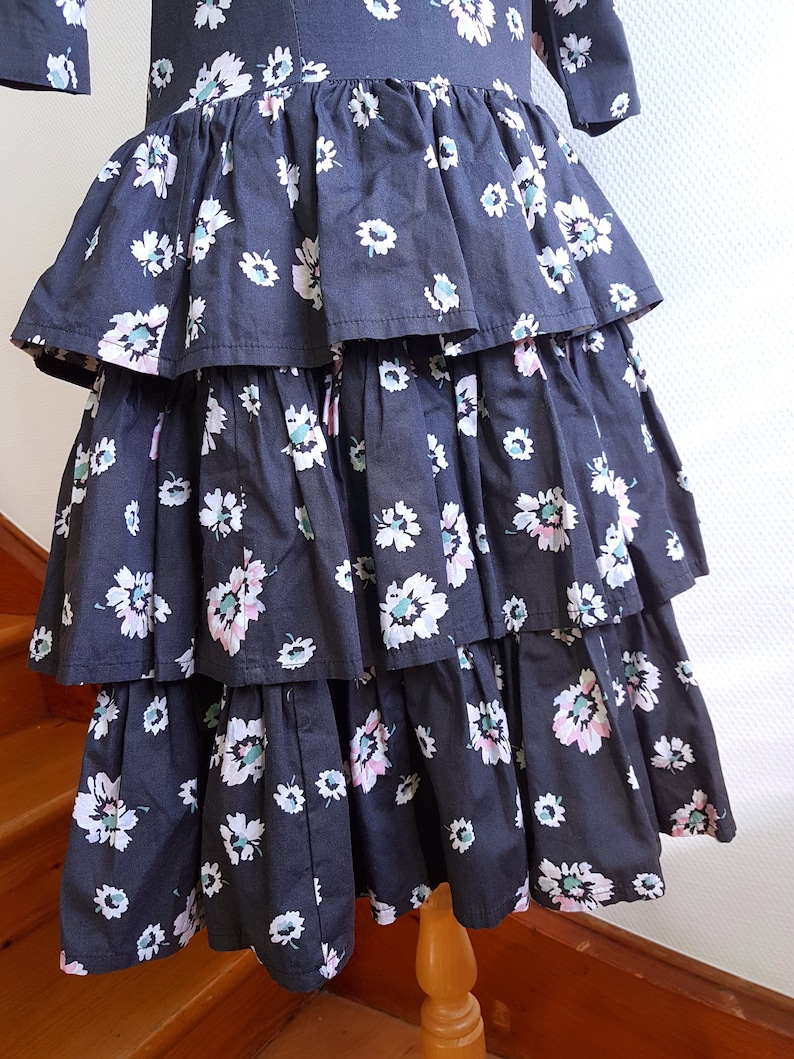 Charcoal Grey Floral 1980s Laura Ashley Midi Dress with Tiered Ruffeled Skirt