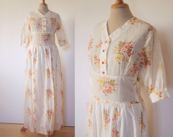 Ivory 1970s Cotton Gauze Maxi Prairie Day Dress with Pastel Floral Print and Half Length Sleeves