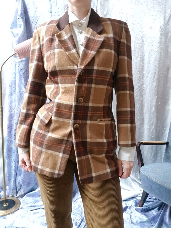 Brown Tartan 1970s Fitted Winter Wool Jacket | JC… - image 4