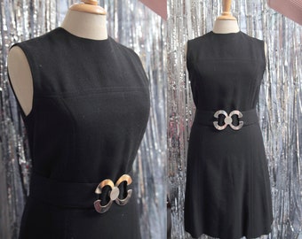 Black 1960s Sleeveless Mod Midi Shift Dress with Matching Belt and Giant Silver Metal Buckle