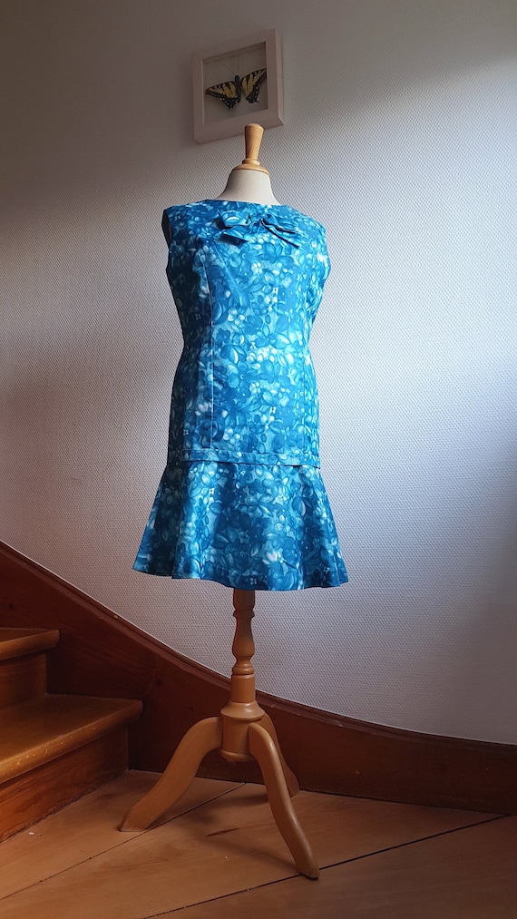 Handmade 1960s Blue Mini Dress with a Dropped Wai… - image 2