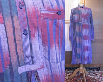 Purple and Blue 1960s BETTY BARCLAY Cotton Smock Midi Dress with Long Sleeves, Kent Collar and Patchy Stripe Print