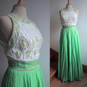 STUNNING Green and White 1960s Evening Maxi Dream Dress with a Richly Beaded Top and Pleated Skirt | Zweigler Modell