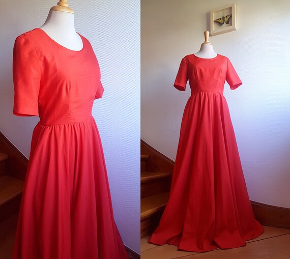 Red Handmade 1970s Short Sleeve Maxi Dress with a… - image 1