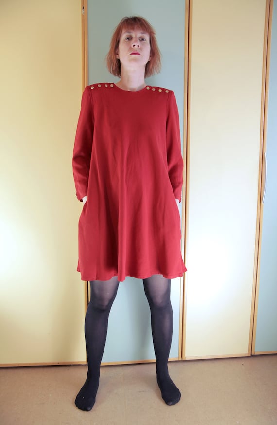 Burgundy 1980s Mod Style Mini Swing Dress with Br… - image 2