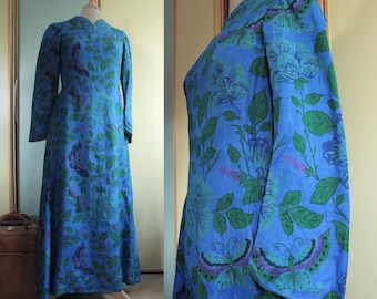 Dark Blue, Purple and Green 1960s Handmade Silk Evening Maxi Dress with Trumpet Sleeves and Floral and Butterfly Print