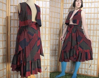 Dark Red, Green and Blue 1970s Silk Vest and Midi Wrap Skirt Co-Ord with Ruffles and an Abstract Plaid Print