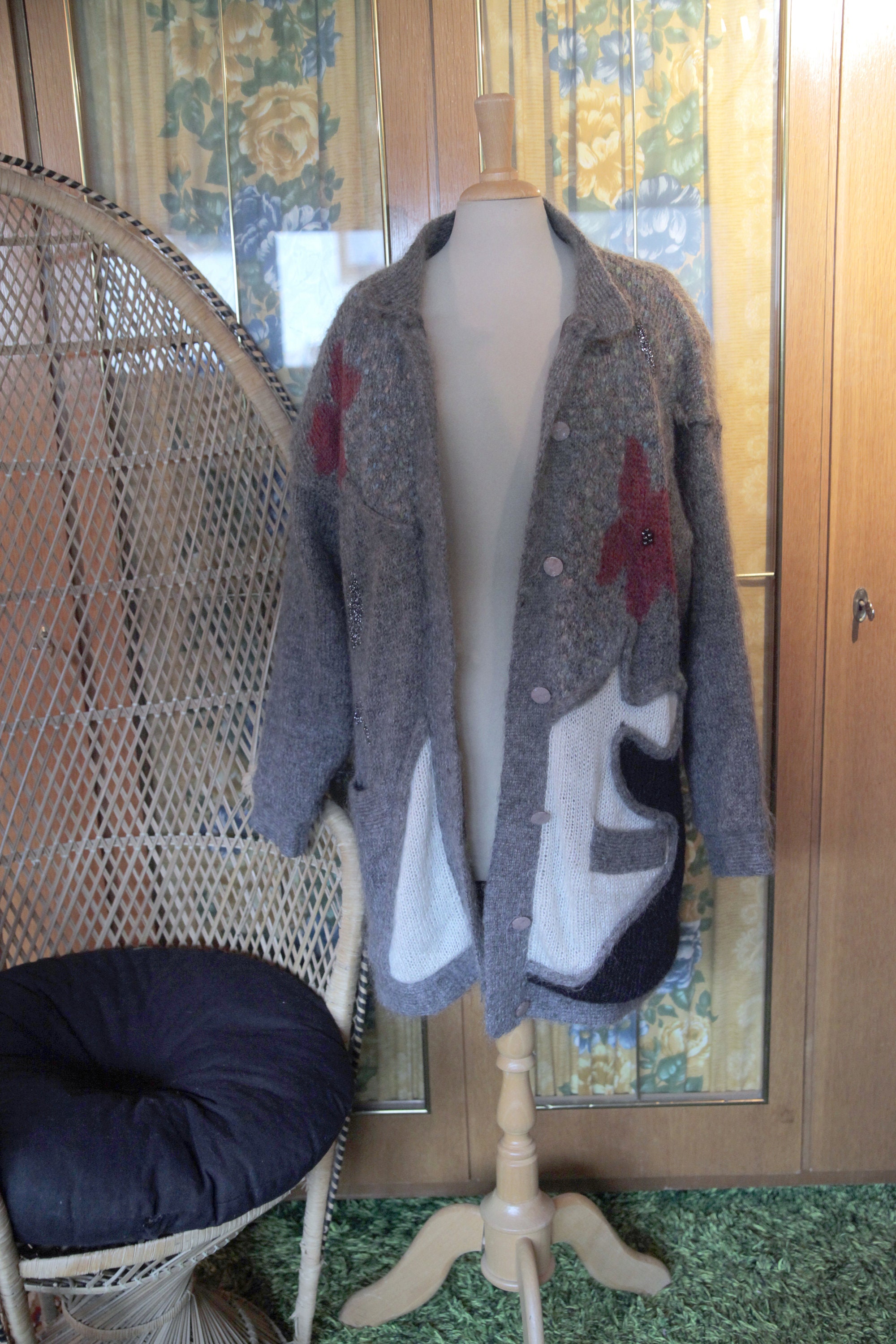 Grey Chunky Knit 1980s Fuzzy Mohair Long Cardigan With