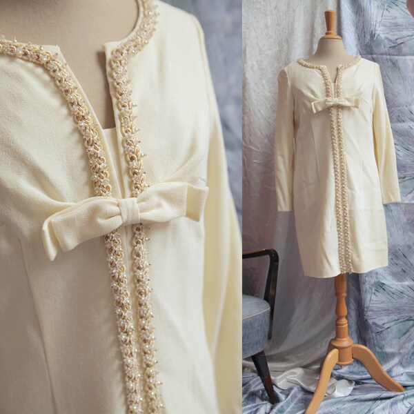 Ivory 1960s Long Sleeve Mini Wedding Dress with Decorative Ribbon Bow and Floral Beaded Braid