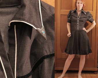 Handmade Dark Grey 1970s Short Sleeve Cowboy Mini Dress with Metal and Fringe Applications