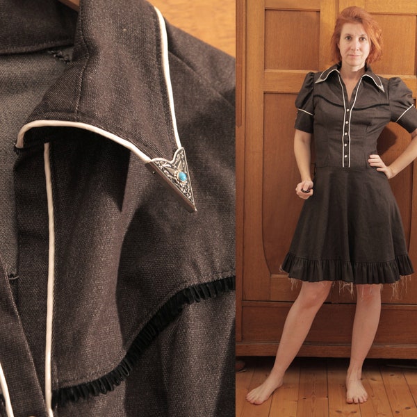Handmade Dark Grey 1970s Short Sleeve Cowboy Mini Dress with Metal and Fringe Applications