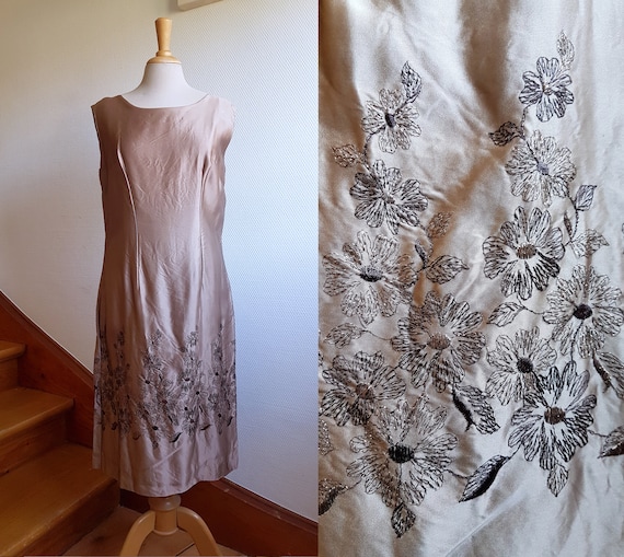 Bronze Satin 1970s Evening Shift Dress with Floral