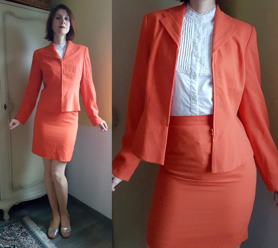 Original 1980s Deadstock Orange Mini Skirt and Bl… - image 1