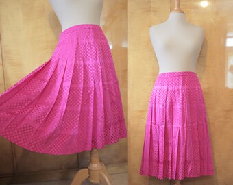 Hot Pink 1970s Handmade Pleated Silk Midi Skirt with a Monochrome Polka Dot and Striped Pattern