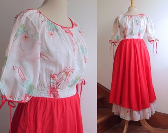 White and Red 1970s Cotton Midi Dress with a Layered Skirt and a Red and Green Floral Print