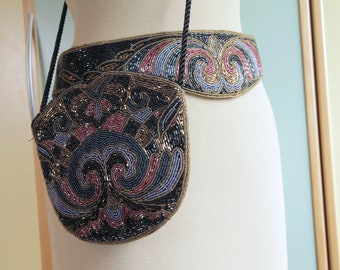 Black, Blue, Red and Gold Beaded 1970s Evening Purse and Statement Waist Belt Combo