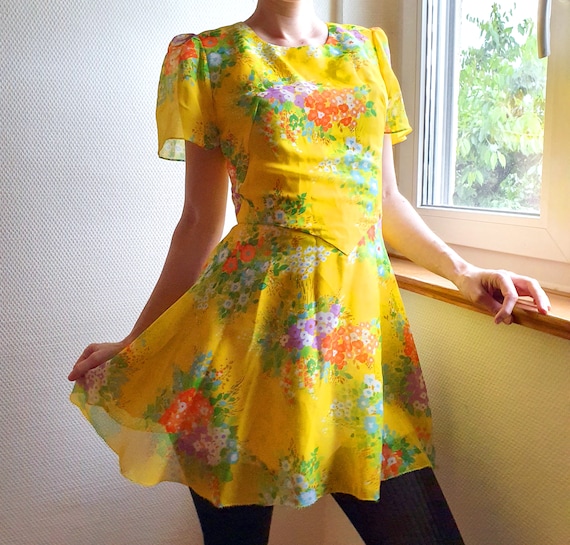 Bright Yellow 1970s Mini Dress with Flutter Sleev… - image 2