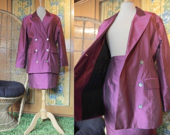 Aubergine Purple 1980s Zweireihiger langer Blazer und Bleistiftanzug aus Seide | Marc Kain