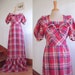 Red, Blue and White Tartan Plaid 1970s Cotton Maxi Prairie Dress with Puffed Sleeves, Waist Ties and Lace Details 