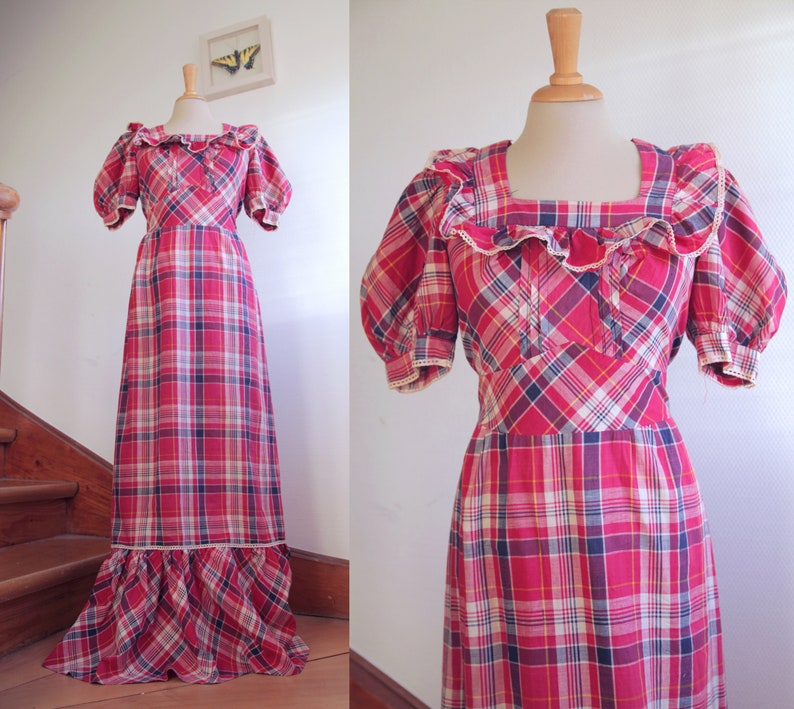 Red, Blue and White Tartan Plaid 1970s Cotton Maxi Prairie Dress with Puffed Sleeves, Waist Ties and Lace Details 