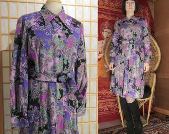 Purple 1970s Long Sleeve Midi Dress with Paisley Print and Matching Belt