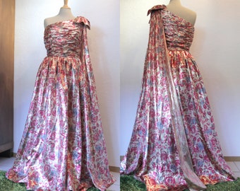 Gold and Pink 1990s Maxi Evening Dress with Rouched One Shoulder Top, Giant Bow and Shashes and Floral Print | Italienne