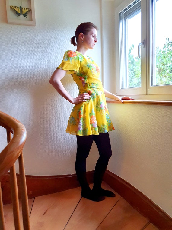 Bright Yellow 1970s Mini Dress with Flutter Sleev… - image 4