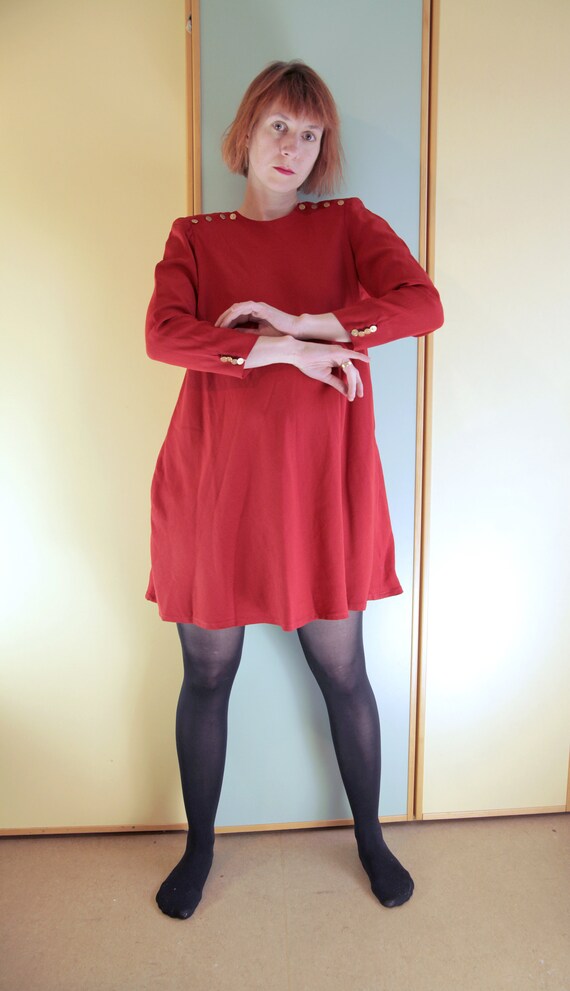 Burgundy 1980s Mod Style Mini Swing Dress with Br… - image 7