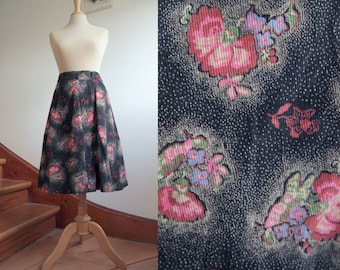 Black, Cream and Pink 1970s Corduroy A-line Midi Skirt with a Floral Allover Print