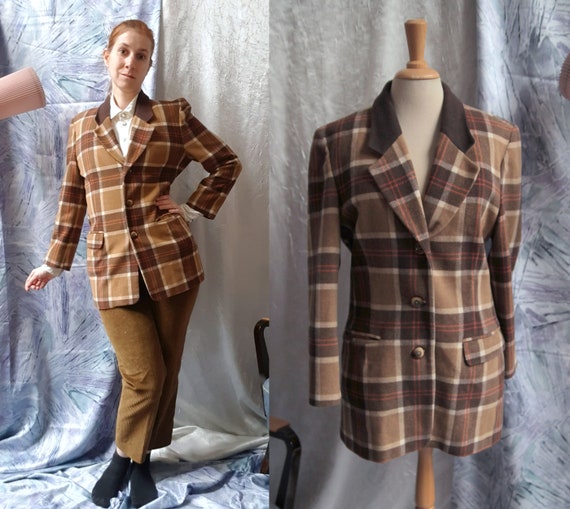 Brown Tartan 1970s Fitted Winter Wool Jacket | JC… - image 1