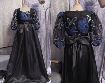 Black, Blue and Silver 1970s LAURA PHILLIPS Maxi A-Line Evening Dress with Puffed Sleeves, Floral Application and Satin Bow