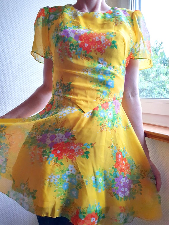 Bright Yellow 1970s Mini Dress with Flutter Sleev… - image 6