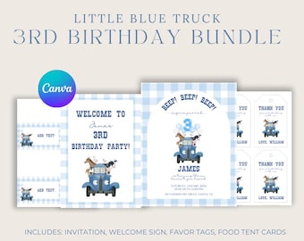 Puede incluir: Plantilla Canva editable para una fiesta de cumpleaños de 3 años con temática de camión azul. La plantilla incluye una invitación, un letrero de bienvenida, etiquetas de regalo y tarjetas de carpa de comida. El diseño presenta un camión azul con animales de granja y un fondo a cuadros azul y blanco.