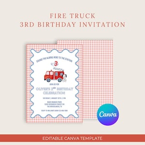 May include: A fire truck themed birthday invitation with a red and white gingham pattern. The invitation features a red fire truck illustration, the number 3, and event details. The text reads "Fire Truck 3rd Birthday Invitation" and "Editable Canva Template."