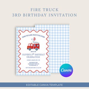 Puede incluir: Una invitación de cumpleaños con temática de camión de bomberos. La invitación presenta una ilustración de camión de bomberos rojo y un patrón de cuadros azules. El texto "FIRE TRUCK 3RD BIRTHDAY INVITATION" se muestra en la parte superior. También se incluye el texto "SOUND THE ALARM, HEAD TO THE STATION".