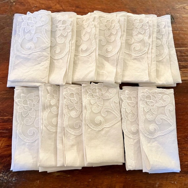 12 White Linen Napkins with Sheer  Organza Floral Embroidered Corners Vintage 17 Inches x 16 Inches Vintage Matching Set