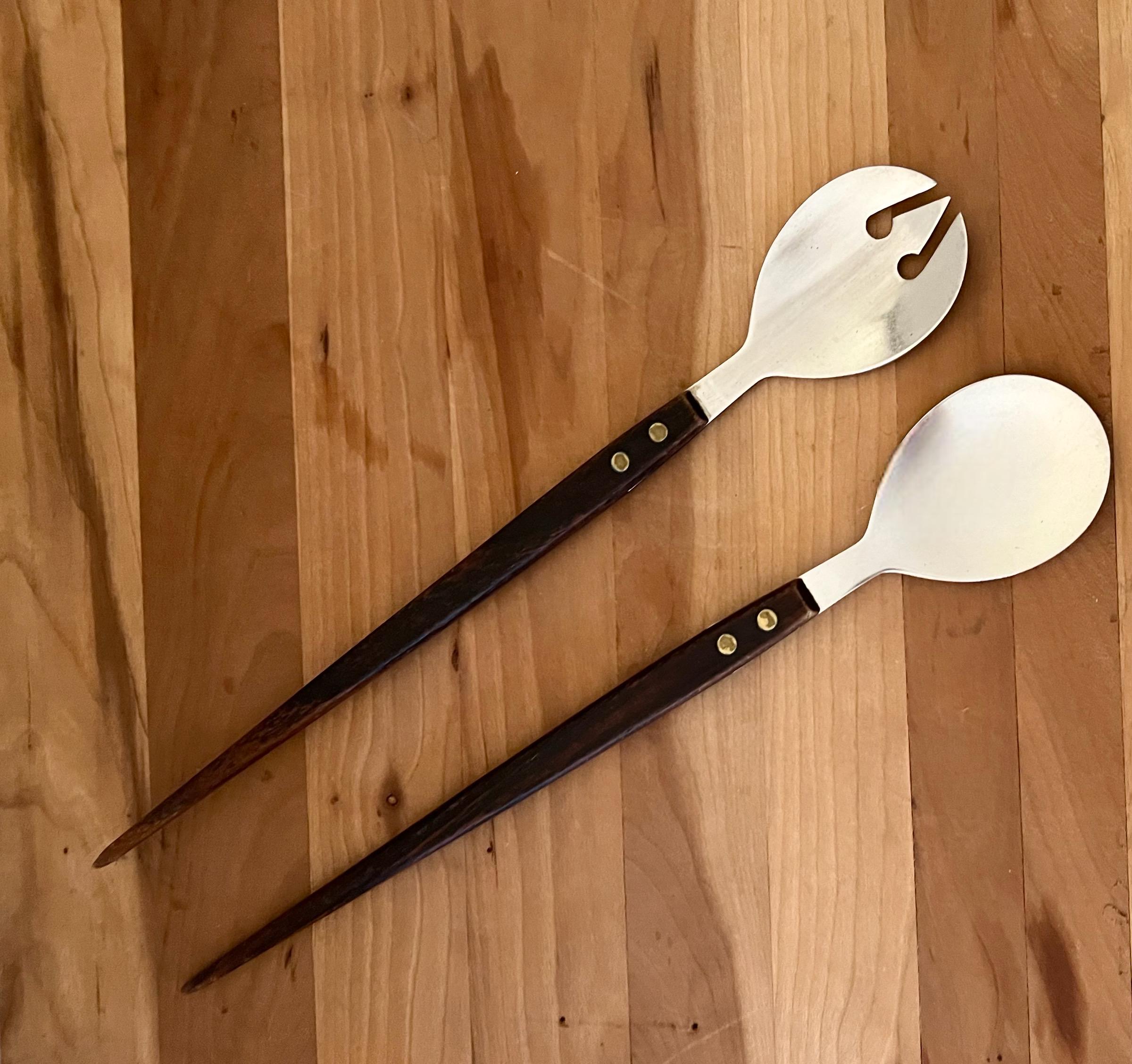 Teak and Stainless Steel Salad Tongs Serving Serving Set Brass Rivets Vintage Mid Century